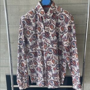 Vibrant Paisley Button-Up Shirt - White with Blue & Orange Pattern